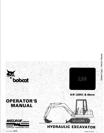 BOBCAT 116 HYDRAULIC EXCAVATOR OPERATOR'S MANUAL (6570790) - PDF FILE