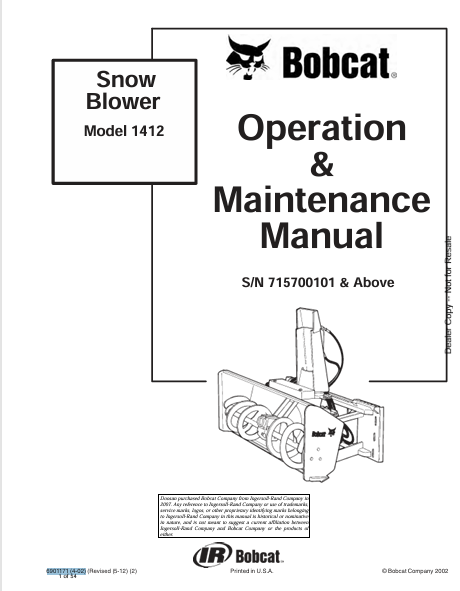 BOBCAT 1412 SNOW BLOWER OPERATION & MAINTENANCE MANUAL (6901171) - PDF FILE