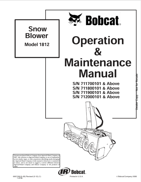 BOBCAT 1812 SNOW BLOWER OPERATION & MAINTENNCE MANUAL (6901168) - PDF FILE