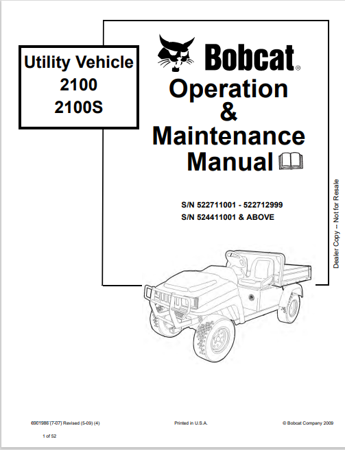 BOBCAT 2100, 2100S UTILITY VEHICLE OPERATION & MAINTENANCE MANUAL (6901986) - PDF FILE