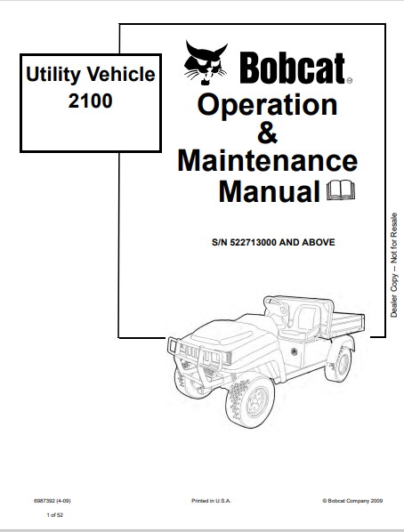 BOBCAT 2100 UTILITY VEHICLE OPERATION & MAINTENANCE MANUAL (6987392) - PDF FILE