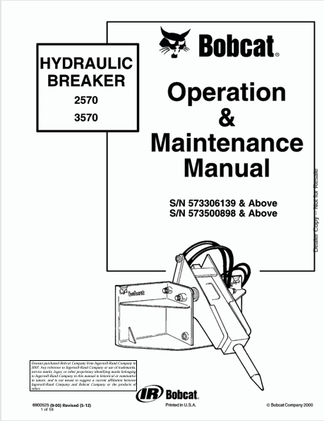 BOBCAT 2570, 3570 HYDRAULIC BREAKER OPERATION & MAINTENANCE MANUAL (6900525) - PDF FILE