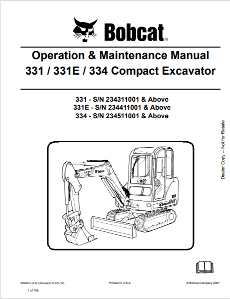 BOBCAT 331 / 331E / 334 COMPACT EXCAVATOR OPERATION & MAINTENANCE MANUAL (6902612) - PDF FILE