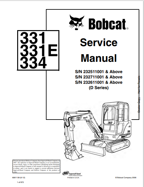 BOBCAT 331, 331E, 334 SERVICE MANUAL (6901139) - PDF FILE