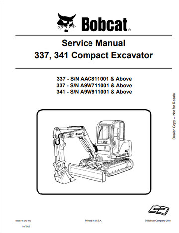 BOBCAT 337, 341 COMPACT EXCAVATOR SERVICE MANUAL (6986746) - PDF FILE