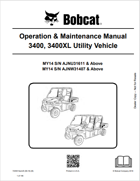 BOBCAT 3400, 3400XL UTILITY VEHICLE OPERATION & MAINTENANCE MANUAL (7245513) - PDF FILE