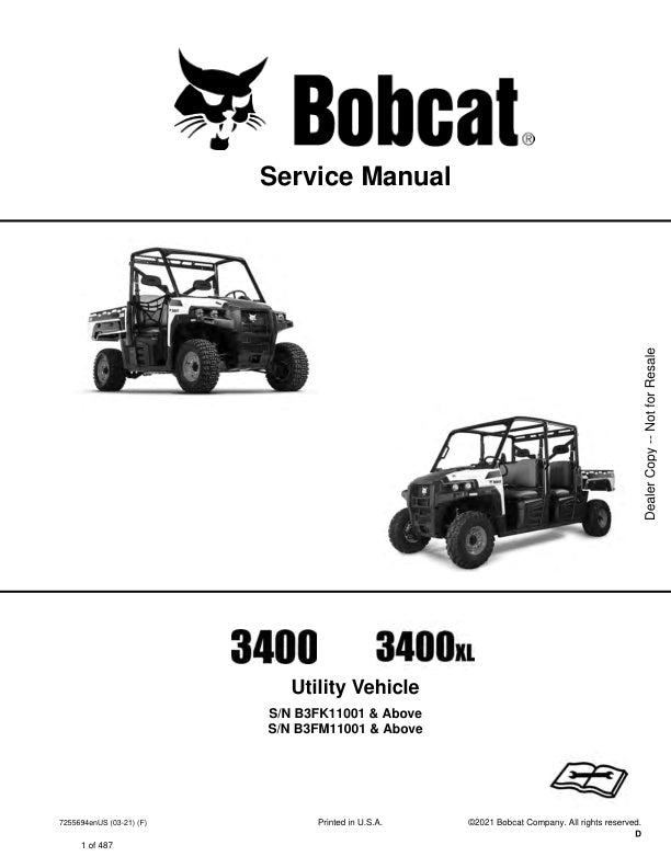 Bobcat 3400 3400XL Utility Vehicle Service Information 7255694 (03-21)