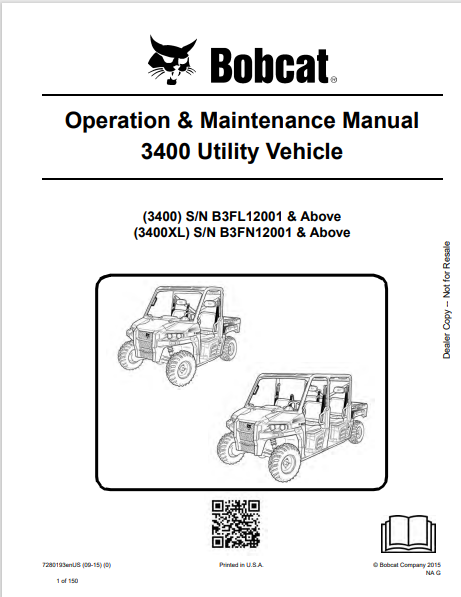 BOBCAT BOBCAT 3400, 3400XL UTILITY VEHICLE OPERATION & MAINTENANCE MANUAL (7280193) - PDF FILE
