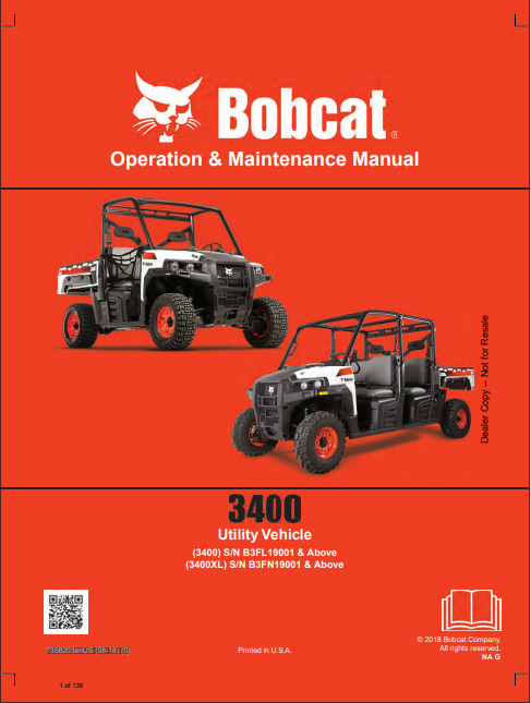 BOBCAT 3400, 3400XL UTILITY VEHICLE OPERATION & MAINTENANCE MANUAL (7358203) - PDF FILE