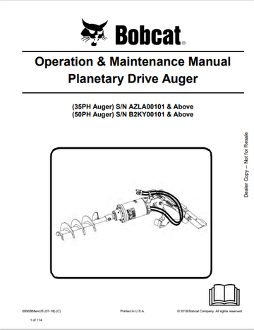 BOBCAT 35PH AUGER, 50PH AUGER PLANETARY DRIVE AUGER OPERATION & MAINTENANCE MANUAL (6990868) - PDF FILE