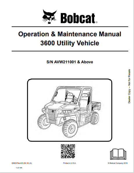 BOBCAT 3600 UTILITY VEHICLE OPERATION & MAINTENANCE MANUAL (6990370) - PDF FILE