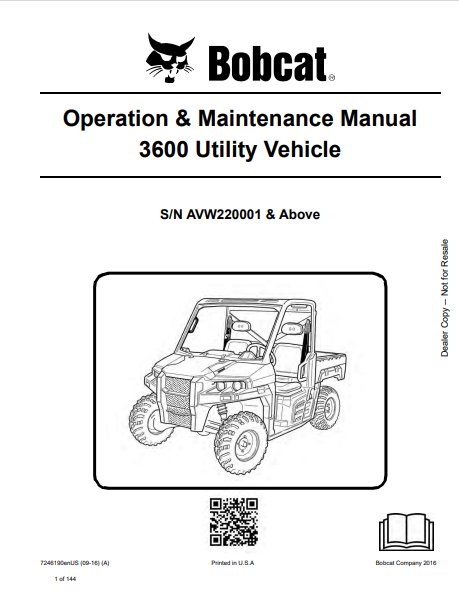 BOBCAT 3600 UTILITY VEHICLE OPERATION & MAINTENANCE MANUAL (7246190) - PDF FILE