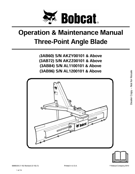 BOBCAT 3AB60, 3AB72, 3AB84, 3AB96 THREE- POINT ANGLE BLADE OPERATION & MAINTENANCE MANUAL (6989539) - PDF FILE
