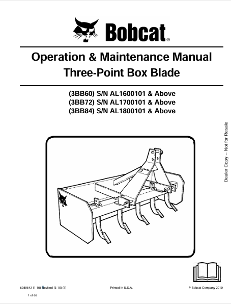 BOBCAT 3BB60, 3BB72, 3BB84 THREE-POINT BOX BLADE OPERATION & MAINTENANCE MANUAL (6989542) - PDF FILE