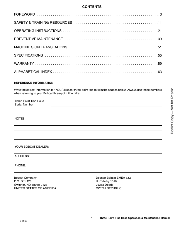 BOBCAT 3PT RAKE (7383793) OPERATION AND MAINTENANCE MANUAL PDF FILE