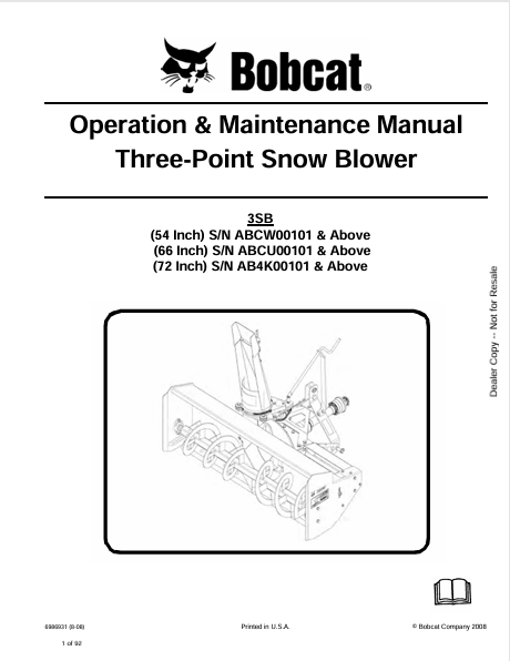 BOBCAT 3SB, 54 INCH, 66 INCH, 72 INCH THERR-POINT SNOW BLOWER OPERATION & MAINTENANCE MANUAL (6986931) - PDF FILE