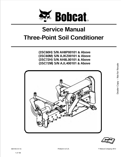 BOBCAT 3SC60H, 3SC60M, 3SC72H, 3SC72M THREE-POINT SOIL CONDITIONER SERVICE MANUAL (6987449) - PDF FILE