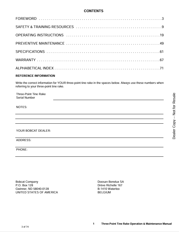 BOBCAT 3TR60, 3TR72, 3TR84, 3TR96 THREE-POINT TINE RAKE (6989536) OPERATION & MAINTENANCE MANUAL PDF DOWNLOAD