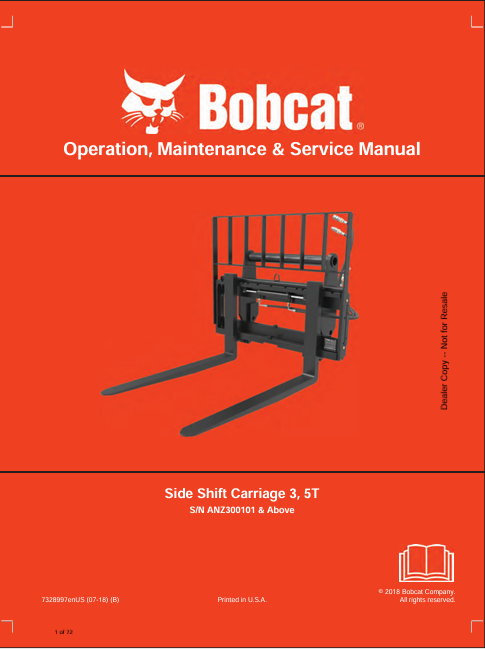 BOBCAT 3, 5T SIDE SHIFT CARRIAGE OPERATION, MAINTENANCE & SERVICE MANUAL (7328997) - PDF FILE