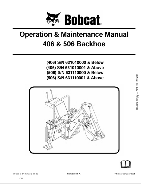 BOBCAT 406 & 506 BACKHOE OPERATION & MAINTENANCE MANUAL (6901229) - PDF FILE