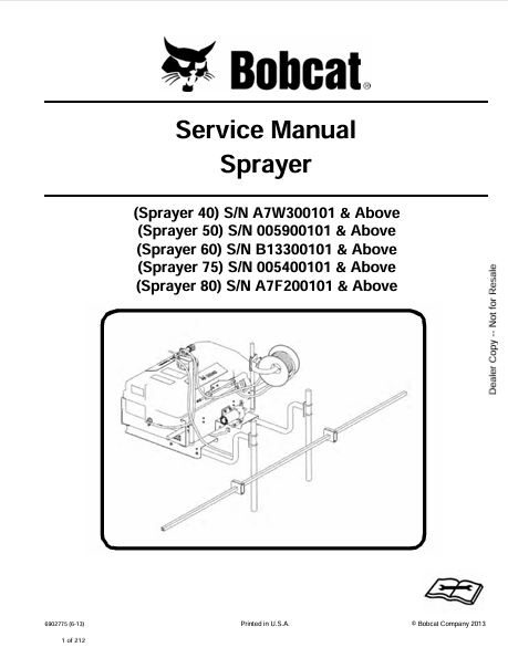 BOBCAT 40, 50, 60, 75, 80 SPRAYER SERVICE MANUAL (6902775) - PDF FILE