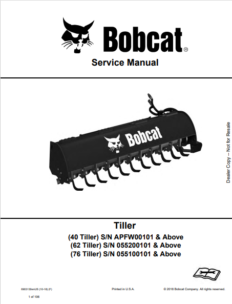 BOBCAT 40 TILLER, 62 TILLER, 76 TILLER SERVICE MAMUAL (6903130) - PDF FILE