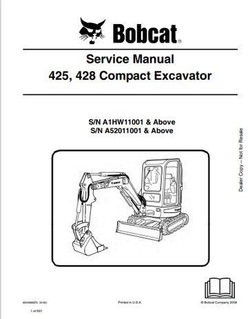 BOBCAT 425, 428 COMPACT EXCAVATOR SERVICE MANUAL (6904866) - PDF FILE