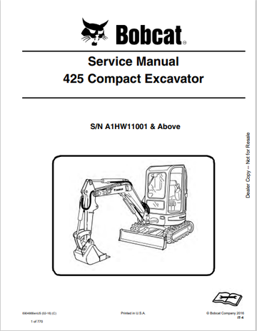 BOBCAT 425 COMPACT EXCAVATOR SERVICE MANUAL (6904866) - PDF FILE