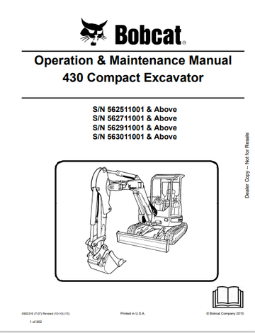 BOBCAT 430 COMPACT EXCAVATOR OPERATION & MAINTENANCE MANUAL (6902316) - PDF FILE
