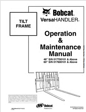 BOBCAT 48," 60" TILT FRAME VERSAHANDLER OPERATION & MAINTENANCE MANUAL (6901658) - PDF FILE