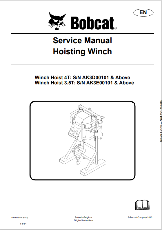 BOBCAT 4T, 3.5T HOISTING WINCH SERVICE MANUAL (6989513) - PDF FILE