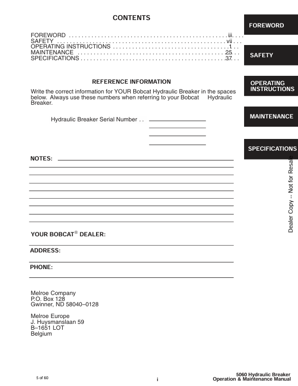 BOBCAT 5060 HYDRAULIC BREAKER (6900775) OPERATION AND MAINTENANCE MANUAL PDF FILE