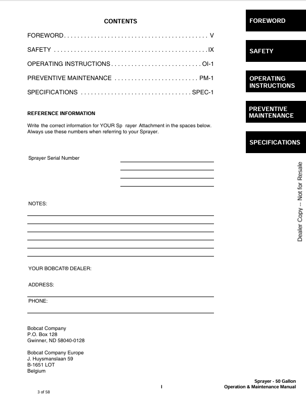 BOBCAT SPRAYER 50 GALLON (6903168) OPERATION AND MAINTENANCE MANUAL PDF FILE