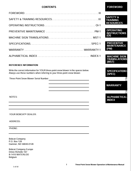 BOBCAT 54, 66,72 INCH THREE-POINT SNOW BLOWER (6986931) OPERATION AND MAINTENANCE MANUAL PDF FILE