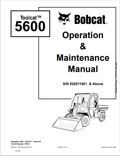 BOBCAT 5600 TOOLCAT OPERATION & MAINTENANCE MANUAL (6901891) - PDF FILE