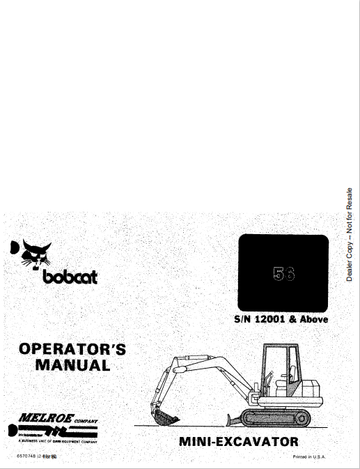 BOBCAT 56 MINI-EXCAVATOR OPERATOR'S MANUAL (6570748) - PDF FILE
