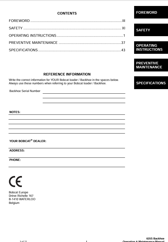 BOBCAT 625S BACKHOE (6986828) OPERATION AND MAINTENANCE MANUAL PDF FILE