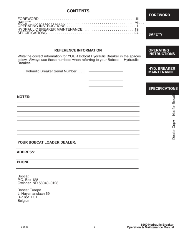 BOBCAT 6560 HYDRAULIC BREAKER (6900437) OPERATION AND MAINTENANCE MANUAL PDF FILE
