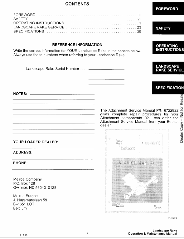 BOBCAT LANDSCAPE RAKE (6722755) OPERATION AND MAINTENANCE MANUAL PDF FILE