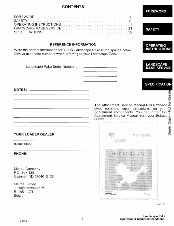 BOBCAT LANDSCAPE RAKE (6722755) OPERATION AND MAINTENANCE MANUAL PDF FILE