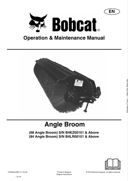 BOBCAT 68, 84 ANGLE BROOM OPERATION & MAINTENANCE MANUAL (7349525) - PDF FILE