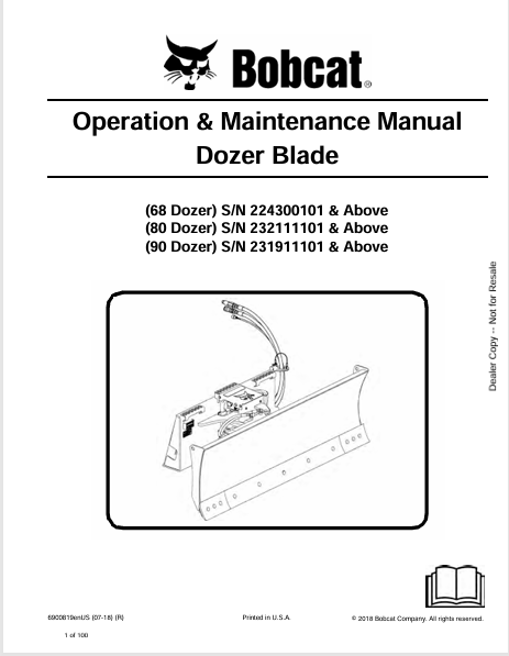 BOBCAT 68 DOZER, 80 DOZER, 90 DOZER BLADE OPERATION & MAINTENANCE MANUAL (6900819) - PDF FILE