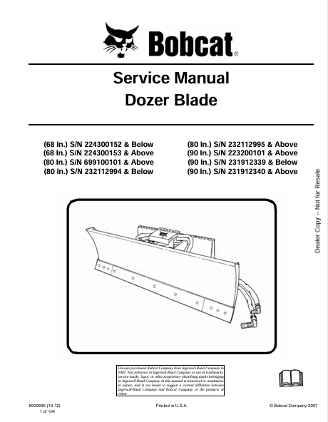 BOBCAT 68 IN, 80 IN, 80 IN, 90 IN DOZER BLADE SERVICE MANUAL (6900896) - PDF FILE