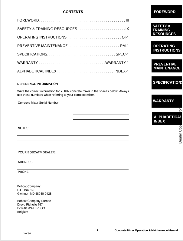 BOBCAT CONCRETE MIXER (6900599) OPERATION & MAINTENANCE MANUAL PDF FILE