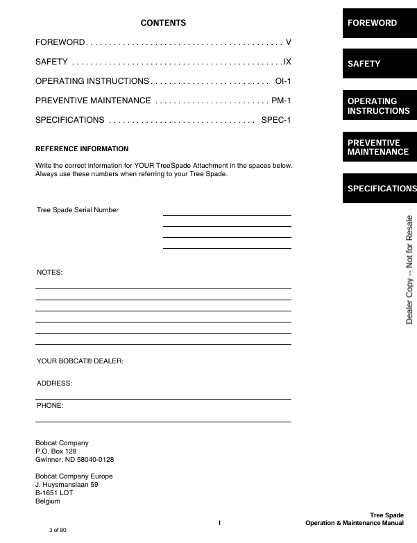 BOBCAT TREE SPADE (6900946) OPERATION & MAINTENANCE MANUAL PDF DOWNLOAD