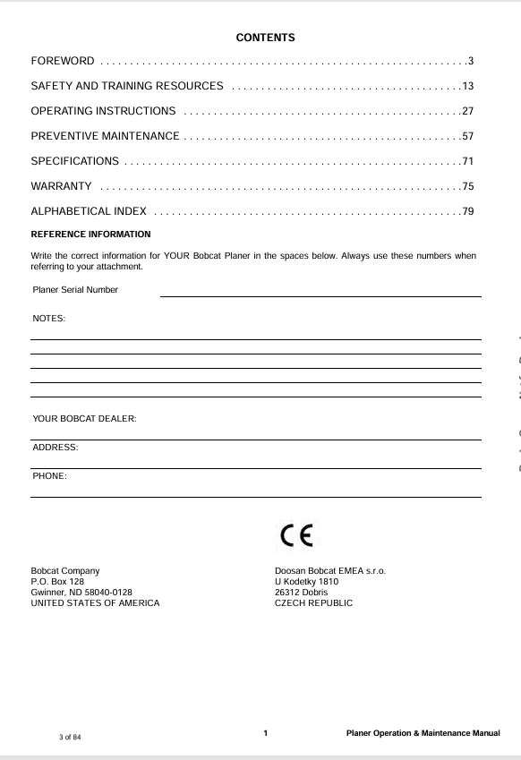 BOBCAT 40PSL, 48PSL PLANER (6901046ENGB) OPERATION & MAINTENANCE MANUAL PDF FILE