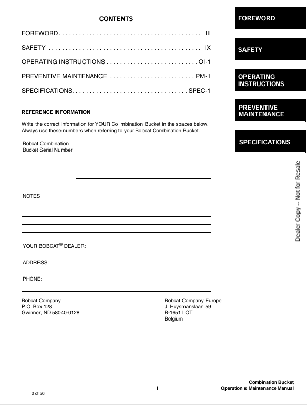 BOBCAT COMBINATION BUCKET 80, 90 (6901384) OPERATION AND MAINTENANCE MANUAL PDF DOWNLOAD