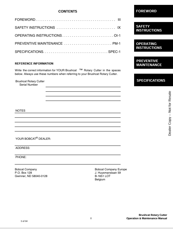 BOBCAT BRUSHCAT 60, 90 INCH ROTARY CUTTER (6901939) OPERATION AND MAINTENANCE MANUAL PDF FILE