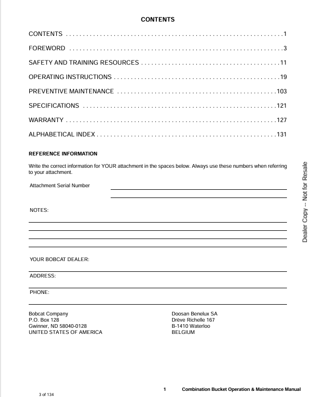BOBCAT COMBINATION BUCKET (6902659) OPERATION AND MAINTENANCE MANUAL PDF DOWNLOAD