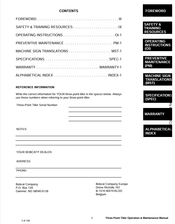 BOBCAT THREE-POINT TILLER (6987114) OPERATION & MAINTENANCE MANUAL PDF DOWNLOAD